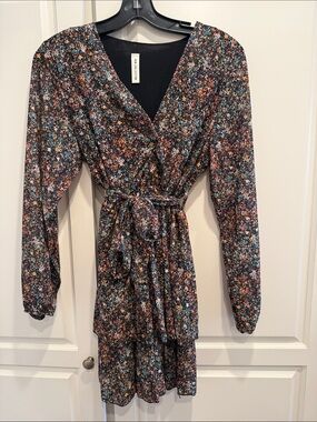 Long Sleeve Floral Wrap Dress in Black Multi